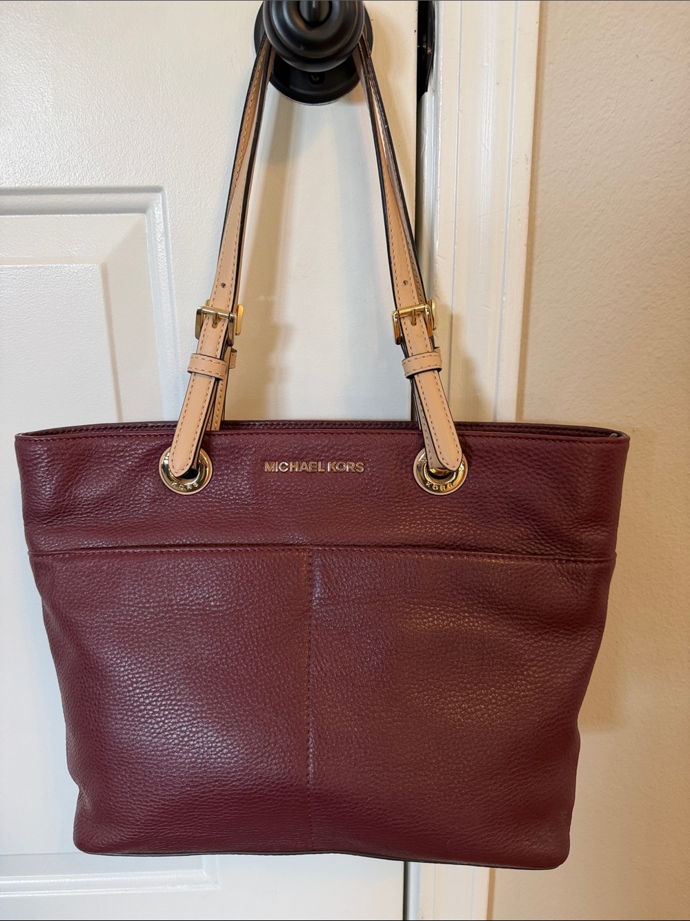 MICHAEL KORS Burgundy Leather Tote with Tan Straps